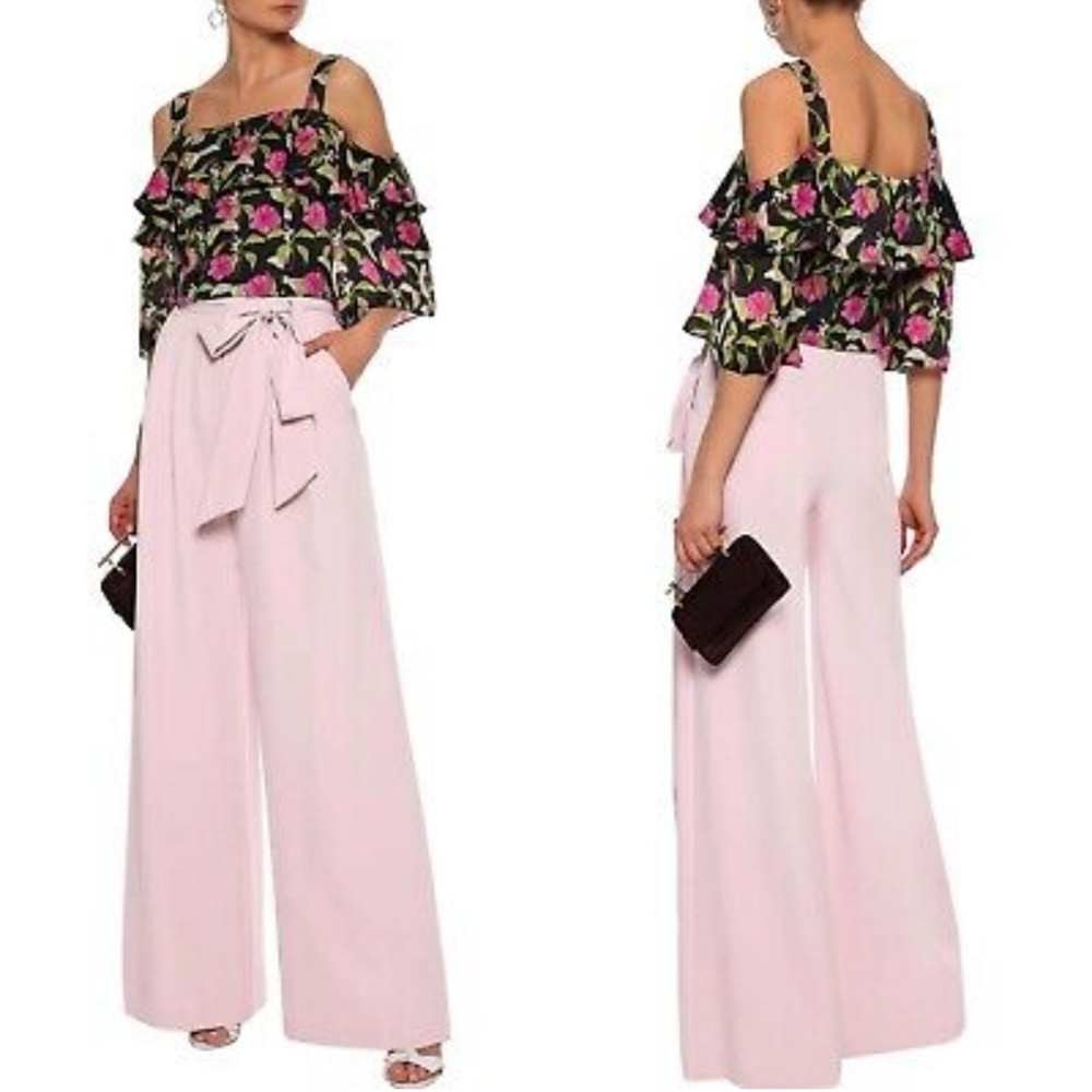 Milly Black Silk Cold-Shoulder Floral Crop Top with Pink & Green Print